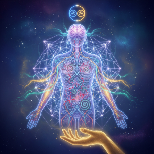 Symboliczna ilustracja niewidzialnej matrycy przekonań i nawyków myślowych wpływającej na energię fizyczną i witalność.