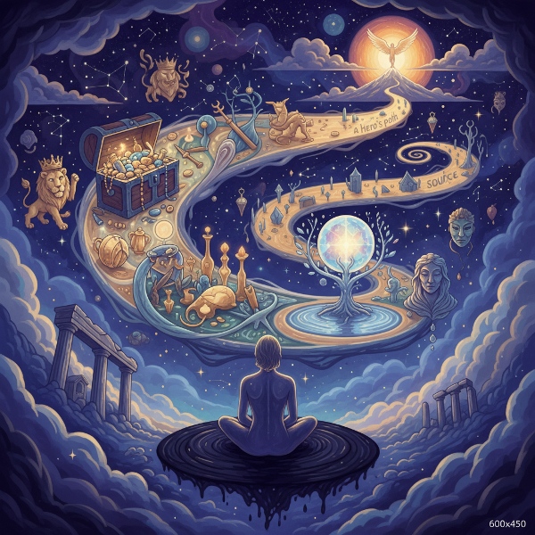 Symboliczna ilustracja przedstawiająca osobę kontemplującą wirujące archetypy jungowskie w mistycznym, psychologicznym krajobrazie.