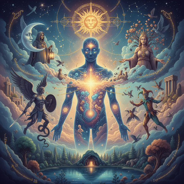 Symboliczna ilustracja przedstawiająca archetypy Junga wyłaniające się z ludzkiej psychiki w onirycznej, metaforycznej scenerii.