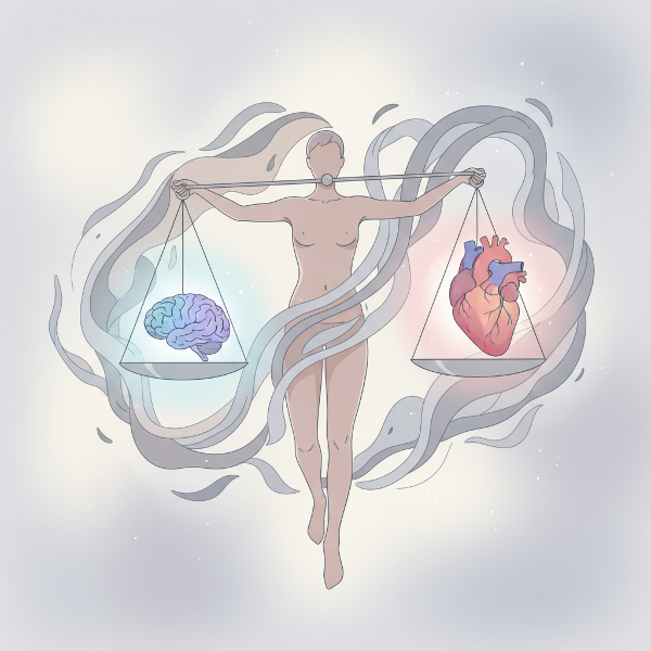 Obraz przedstawiający równowagę między umysłem a ciałem, z symbolami stresu i opieki nad sobą.