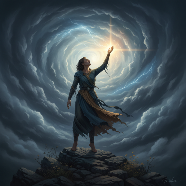 Obraz przedstawiający osobę stojącą mocno wśród wirujących burzowych chmur, sięgającą dłonią ku promieniowi światła. Symbolizuje odporność psychiczną, akceptację niepewności i zdolność do regeneracji.