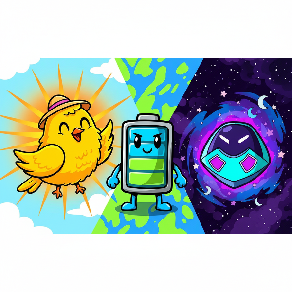 Ilustracja przedstawiająca trzy typy osób: porannego ptaszka, stabilną baterię i nocnego reaktora w wesołym, kreskówkowym stylu.