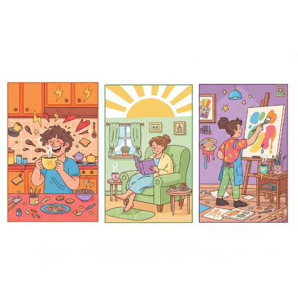 Kolorowa ilustracja w stylu kreskówkowym przedstawiająca trzy różne typy porannych rutyn: energiczną, spokojną i kreatywnie chaotyczną.