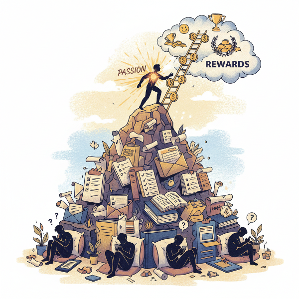 Ilustracja przedstawiająca symbolicznie motywację wewnętrzną i zewnętrzną oraz walkę z prokrastynacją.