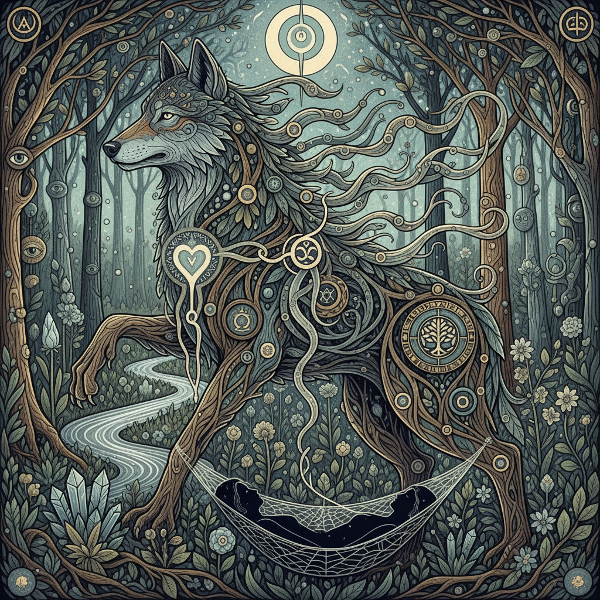 Mistyczna ilustracja przedstawiająca archetypowe zwierzę jako wewnętrznego przewodnika, wyłaniające się z onirycznego lasu, symbolizujące instynkty i połączenie z naturą.