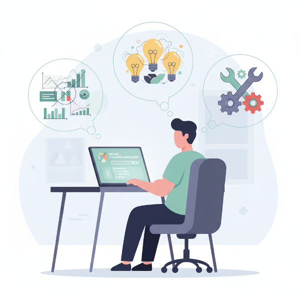 Ilustracja osoby rozwiązującej test poznawczy online, z wizualizacją trzech strategii myślenia: analitycznej, kreatywnej i praktycznej.