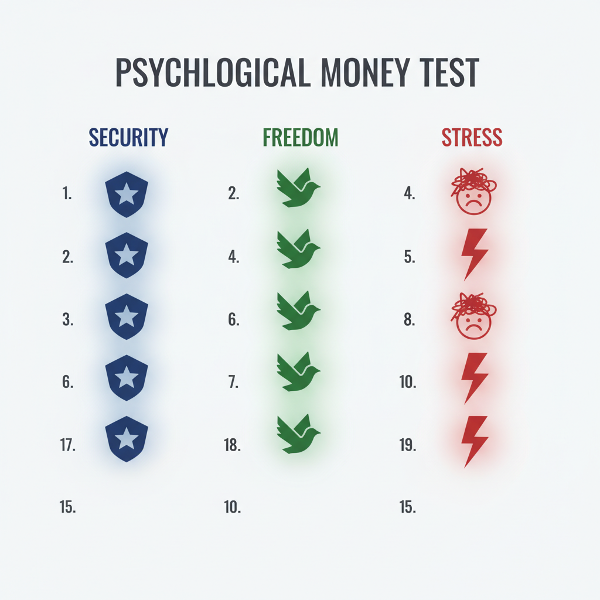 Grafika przedstawiająca test psychologiczny o relacji z pieniędzmi, z symbolami bezpieczeństwa, wolności i stresu.