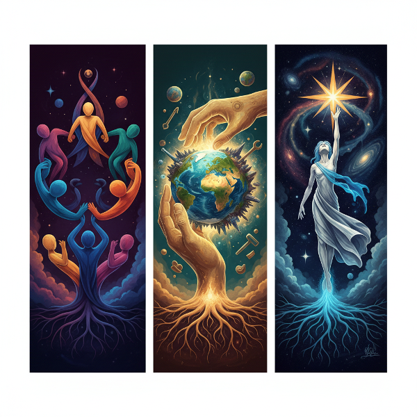 Ilustracja trzech symbolicznych filarów: więzi, tworzenia i przekraczania granic, jako niewidzialnych sił nadających życiu strukturę.