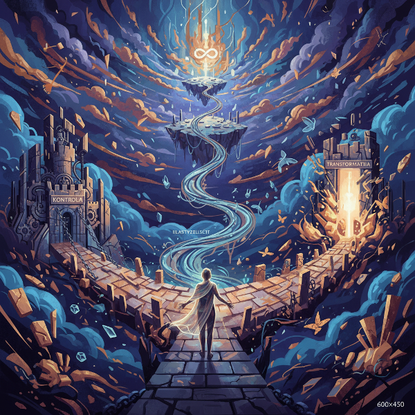 Ilustracja przedstawiająca osobę na rozdrożu w dynamicznym, chaotycznym otoczeniu, z trzema różnymi ścieżkami wyboru symbolizującymi strategie radzenia sobie z nieprzewidywalnością.