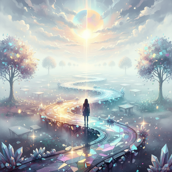 Obraz przedstawiający osobę na rozdrożu, z wieloma ścieżkami rozgałęziającymi się w mgle i świetle, symbolizujący niepewność i wybór.