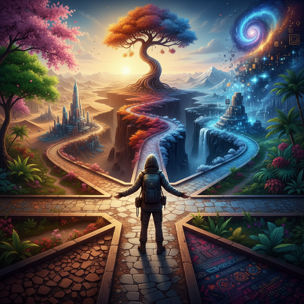 Ilustracja przedstawiająca osobę na rozdrożu, z wieloma ścieżkami prowadzącymi w różne strony, w tle kolorowy, zmieniający się krajobraz, symbolizujący adaptację i elastyczność.