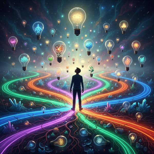 Osoba na rozdrożu kolorowych ścieżek pomysłów, z unoszącymi się żarówkami, symbolizująca różnorodność kreatywności i pokonywanie wewnętrznych barier.