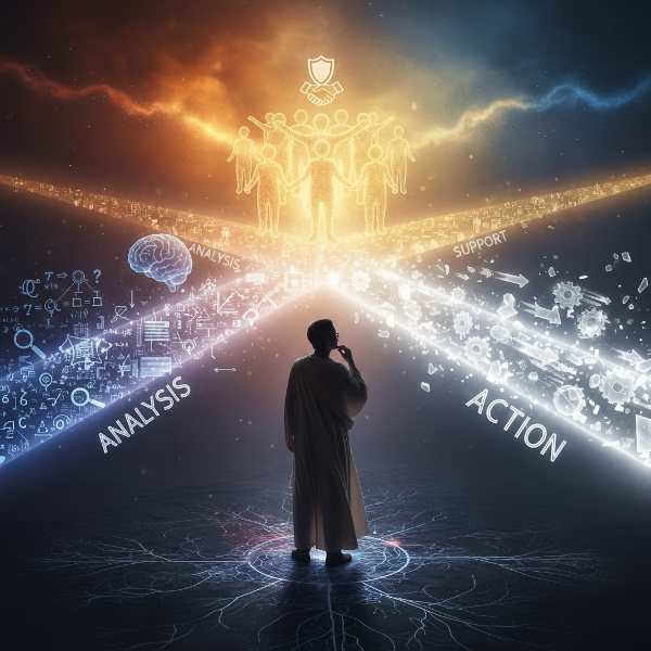 Osoba na rozdrożu trzech ścieżek symbolizujących różne style radzenia sobie z problemami: działanie, analiza i szukanie wsparcia.