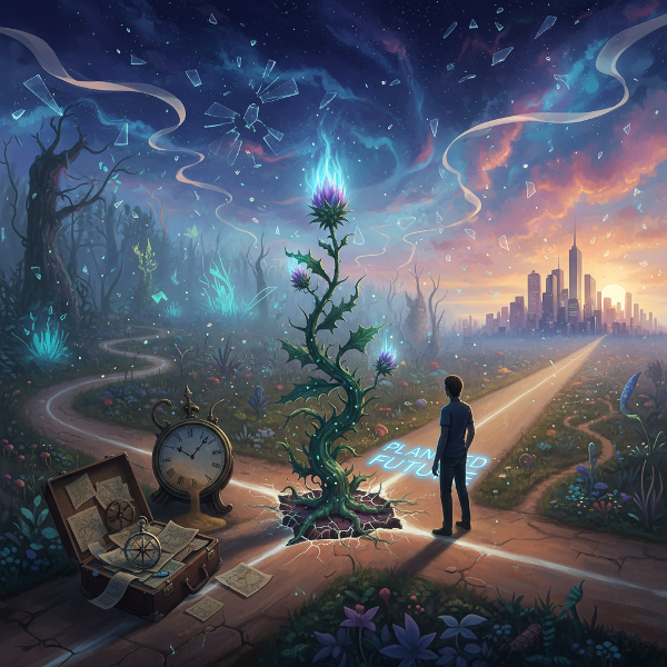 Obraz przedstawiający osobę na rozdrożu, z symbolicznymi elementami zmian i adaptacji w stylu surrealistycznym.