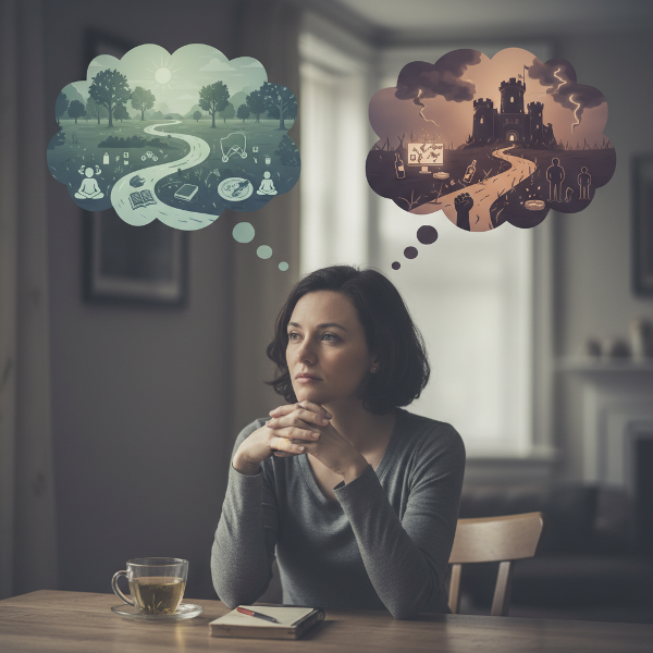 Ilustracja przedstawiająca osobę w codziennej sytuacji, otoczoną symbolicznymi wizualizacjami konstruktywnych i szkodliwych reakcji na stres.