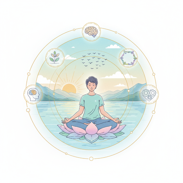 Obraz symbolizujący dobrostan psychiczny, zrównoważenie emocjonalne i rozwój osobisty w harmonijnym otoczeniu.