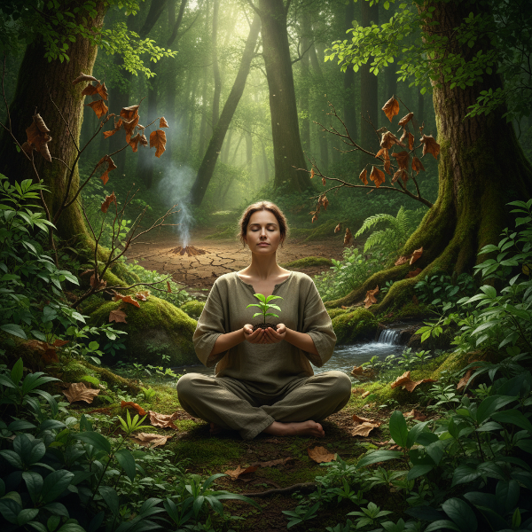 Osoba w kontemplacji w lesie, łącząca spokój natury z delikatnymi symbolami zmian klimatu, trzymająca sadzonkę jako znak nadziei i działania.