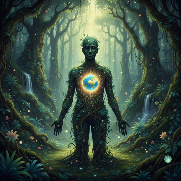 Symboliczna ilustracja przedstawiająca sylwetkę człowieka łączącą się z bujnym lasem i pulsującym sercem Ziemi, ukazująca harmonię i głęboką więź.