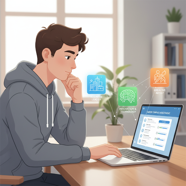 Ilustracja osoby wykonującej test zawodowy online, z którego wyłaniają się ikony ścieżek kariery.