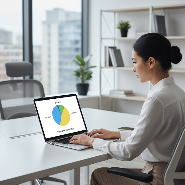 Osoba wykonująca test osobowości zawodowej na laptopie, z wykresem kołowym pokazującym motywacje.