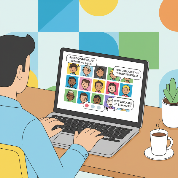 Ilustracja osoby rozwiązującej test postaw społecznych online, z wizualizacją różnorodności i pytań.