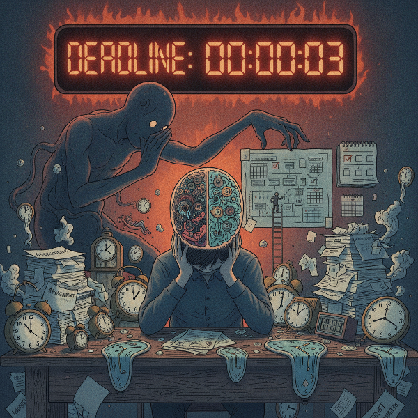 Obraz przedstawia osobę przy biurku otoczoną zegarami i papierami, z podziałem mózgu na część emocjonalną i logiczną, symbolizującą walkę z prokrastynacją.