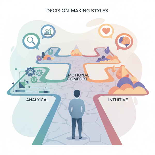 Ilustracja przedstawiająca osobę stojącą na symbolicznym rozdrożu dróg, reprezentującym codzienne wybory, w stylu nowoczesnej, psychologicznej grafiki.