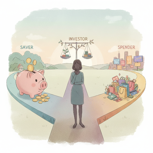 Ilustracja symbolizująca trzy postawy finansowe: ostrożnego oszczędzającego, swobodnego wydawcę i strategicznego inwestora poszukującego równowagi.