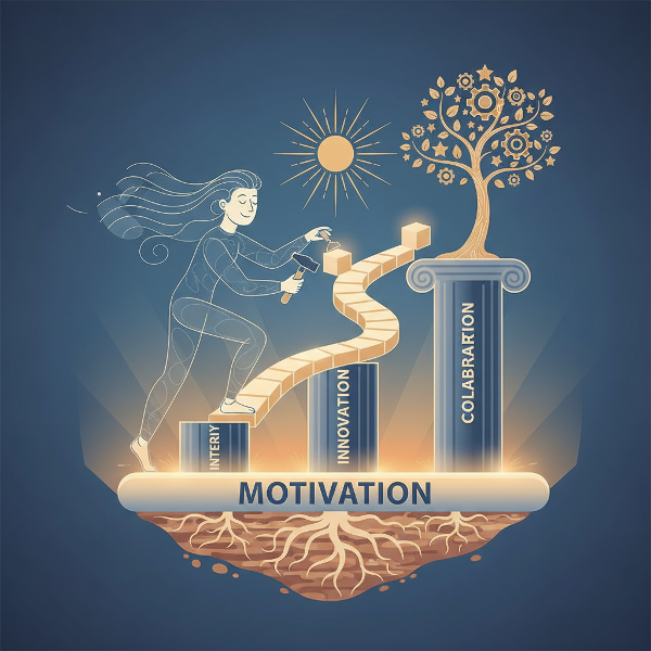 Obraz przedstawiający symboliczną konstrukcję kariery opartą na filarach efektywności i fundamentach motywacji.