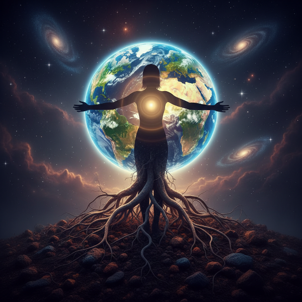 Symboliczne przedstawienie połączenia człowieka z planetą, gdzie sylwetka ludzka łączy się z Ziemią, ukazując wewnętrzny spokój i ekologiczną więź.