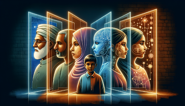 Symboliczna ilustracja przedstawiająca przezroczyste, świecące granice pomiędzy stylizowanymi postaciami, obrazująca pojęcie przestrzeni osobistej i więzi w rodzinie.