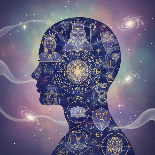 Symboliczna ilustracja przedstawiająca teorię archetypów Junga jako kosmiczną mapę psychiki wewnątrz sylwetki człowieka.