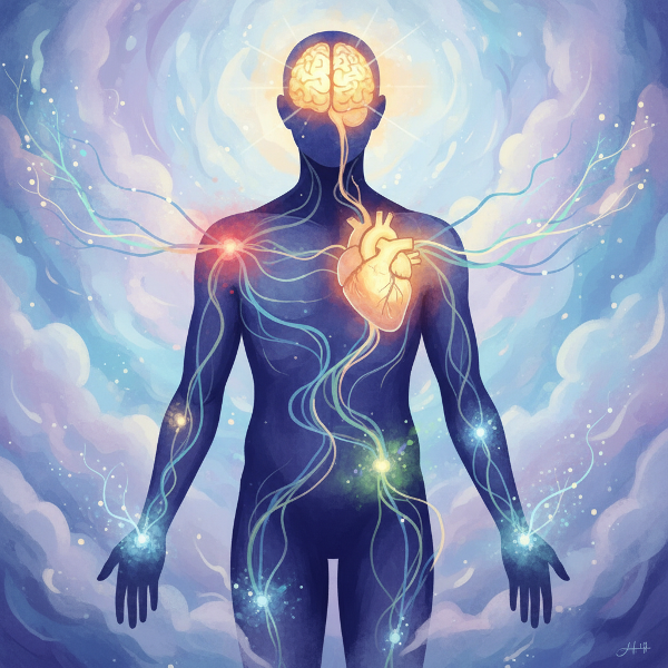Symboliczna ilustracja przedstawiająca połączenie umysłu i ciała poprzez energetyczne ścieżki, ukazująca psychosomatyczne mapowanie doznań.