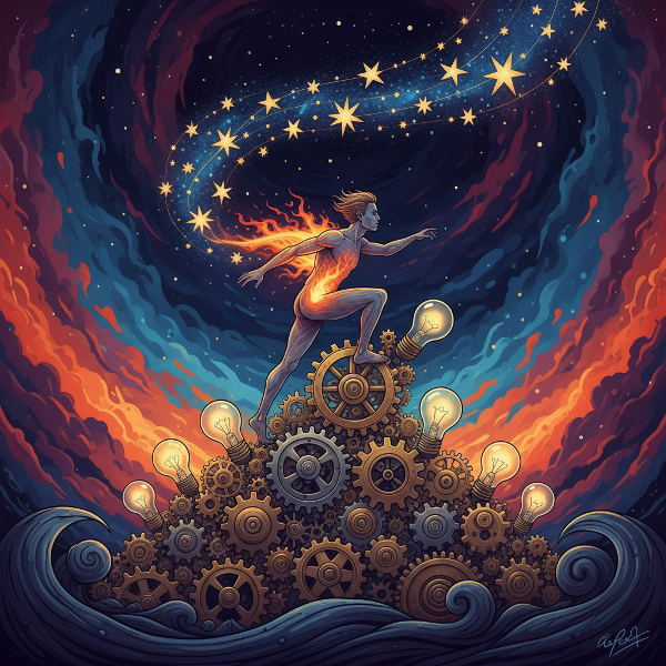 Symboliczna ilustracja motywacji: osoba wspinająca się po górze z trybów i żarówek, rozdzierana między wewnętrzny ogień a zewnętrzne gwiazdy.