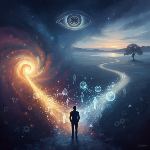 Symboliczna ilustracja osoby na rozdrożu, z trzema ścieżkami reprezentującymi różne wewnętrzne motywacje: rozwój osobisty, wpływ na innych i dążenie do harmonii.