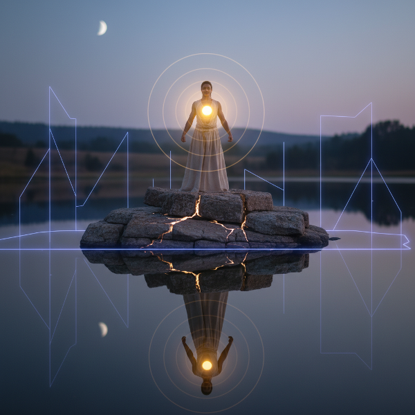 Symboliczna ilustracja wewnętrznej siły i samooceny, przedstawiająca osobę stojącą na solidnym fundamencie, z promieniującym światłem i odbiciem w spokojnym jeziorze.