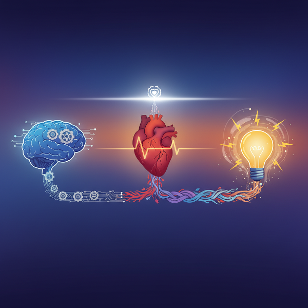 Ilustracja trzech ścieżek podejmowania decyzji: racjonalnej, emocjonalnej i intuicyjnej, łączących się w jedną zrównoważoną drogę.