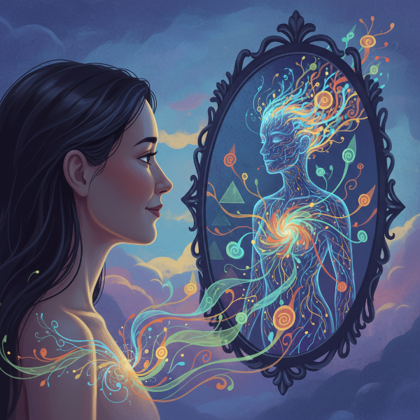 Obraz przedstawiający symboliczną introspekcję, z lustrem odbijającym wewnętrzny potencjał i abstrakcyjnymi formami oznaczającymi rozwój osobisty.