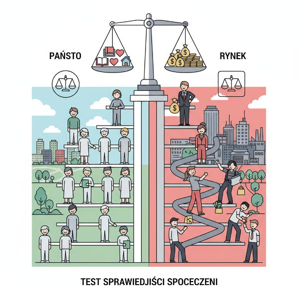 Grafika przedstawiająca koncepcje sprawiedliwości społecznej, takie jak hierarchia, równość i merytokracja, za pomocą symboli jak drabina i waga.