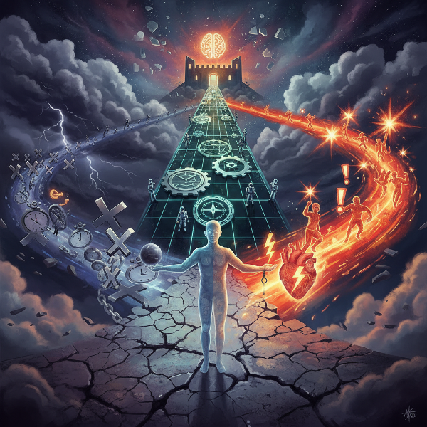 Symboliczna ilustracja przedstawiająca trzy różne ścieżki radzenia sobie ze stresem: unikanie, kontrolę i motywację.