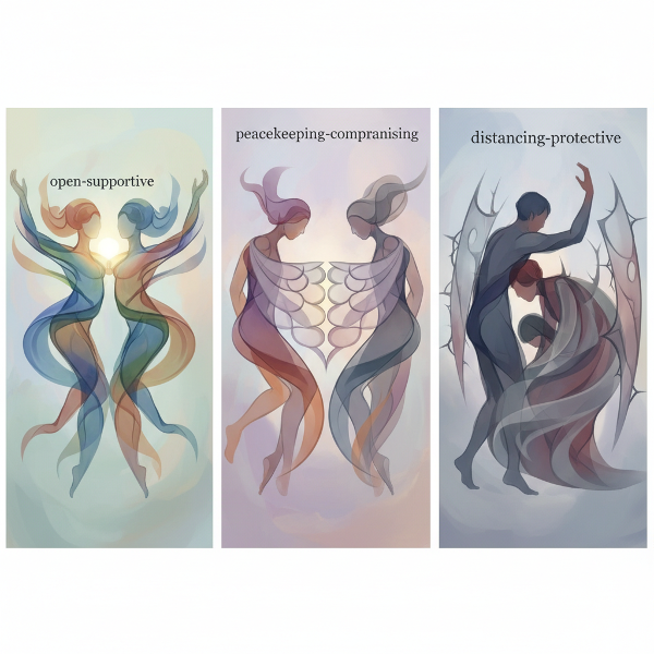 Abstrakcyjna ilustracja przedstawiająca trzy style komunikacji w relacjach za pomocą kształtów i kolorów.