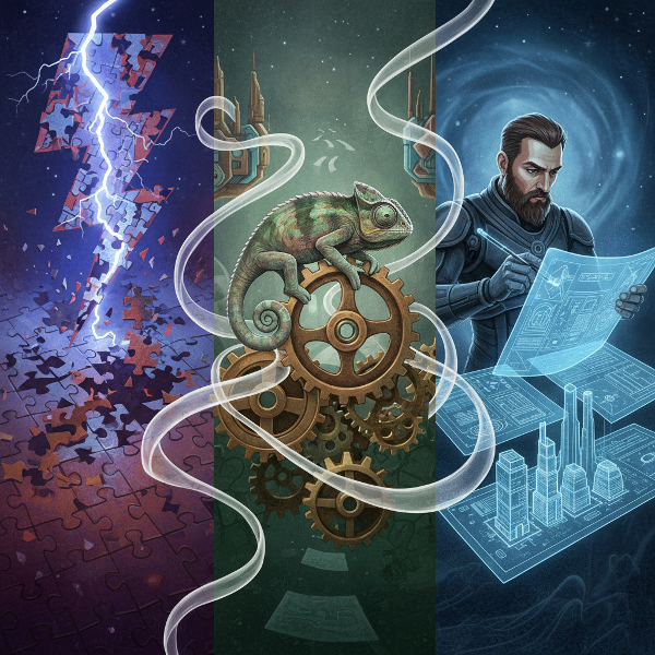 Obraz przedstawiający trzy stylizowane, symboliczne sceny ilustrujące różne style pracy: twórczego burzyciela, zrównoważonego adaptatora i metodycznego budowniczego.