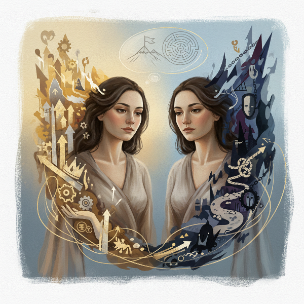 Ilustracja przedstawiająca osobę w kontemplacji przed lustrem, z wizualnymi metaforami myśli dotyczących samooceny, wyzwań i sukcesów.