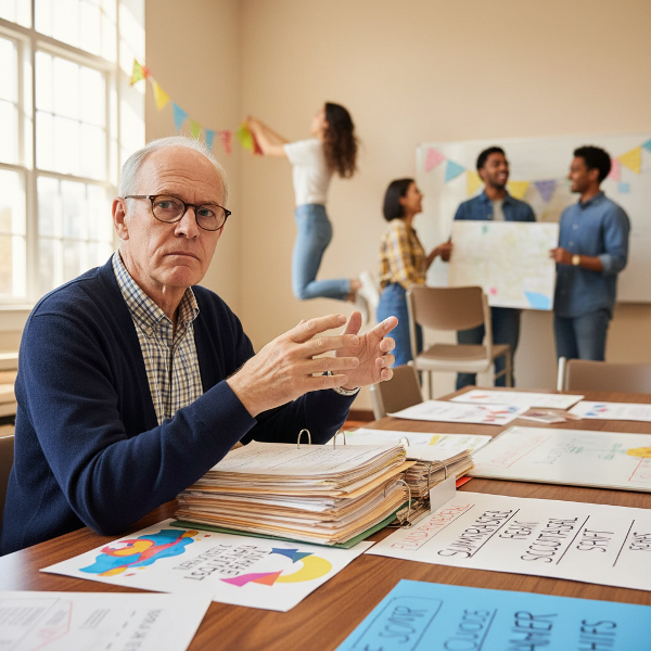 Emerytowany księgowy w domu kultury, analizujący swoją wartość jako wolontariusz, otoczony planami wydarzeń.