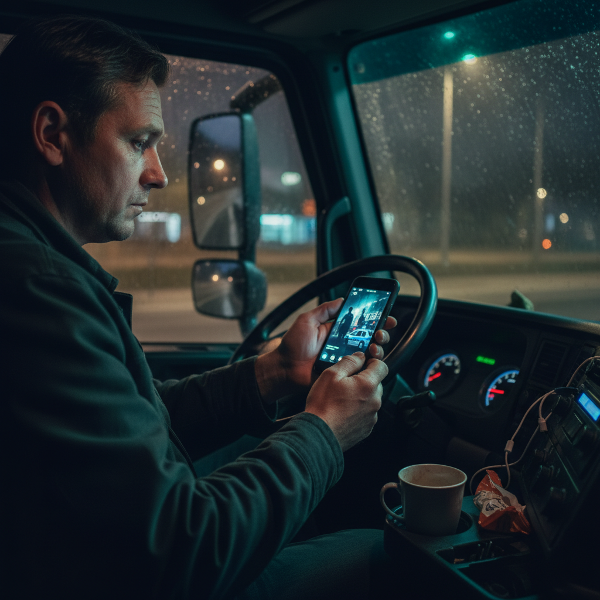 Zmęczony kierowca ciężarówki ogląda serial kryminalny na telefonie w nocy, w kabinie samochodu, co ilustruje jego nawyk i zmęczenie.
