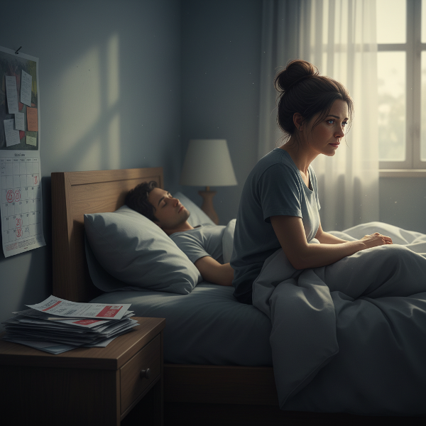 Kobieta w sypialni, czująca samotność i zmęczenie, obok śpiącego partnera, z symbolami stresu finansowego i opiekuńczego w tle.