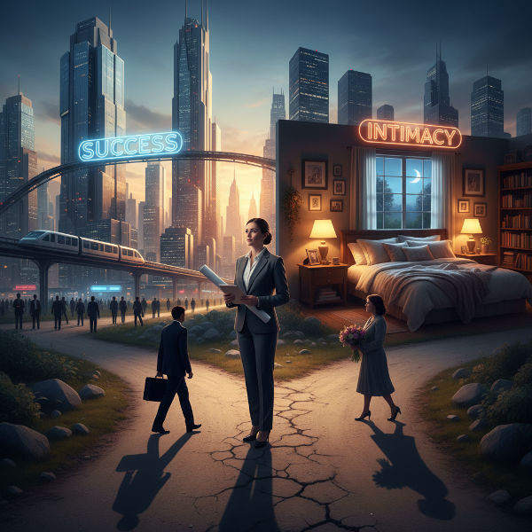 Kobieta na rozdrożu między ścieżką kariery a sferą intymną, z podzieloną energią i symbolami transformacji.