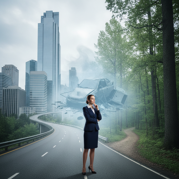 Kobieta w garniturze na rozdrożu między światem korporacji a spokojem natury, z eterycznym śladem wypadku samochodowego w tle.
