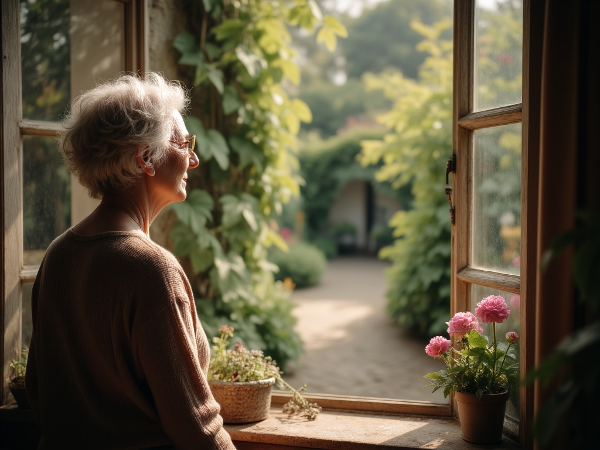Kobieta w średnim wieku przy oknie, symbolizująca moment przejścia, pustkę i poszukiwanie nowej drogi w spokojnym otoczeniu.