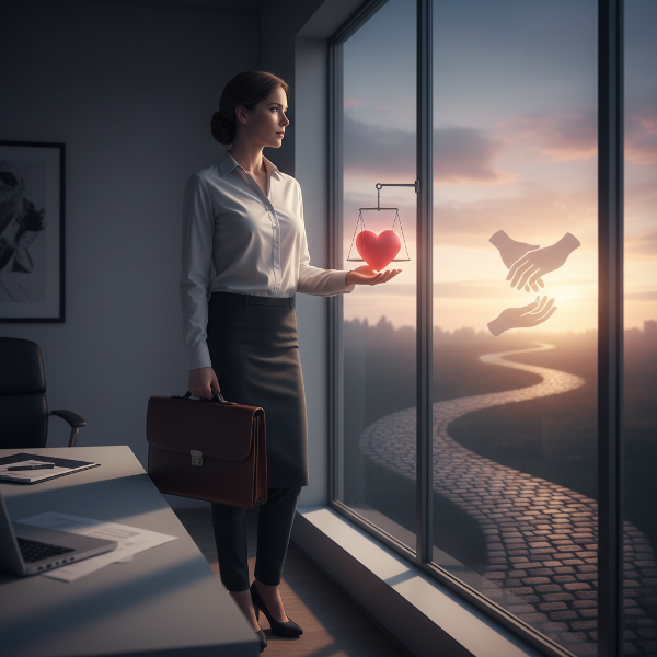 Kobieta w biurze zamyślona nad zmianą kariery, z symboliczną ścieżką prowadzącą od korporacji do pracy z sensem.